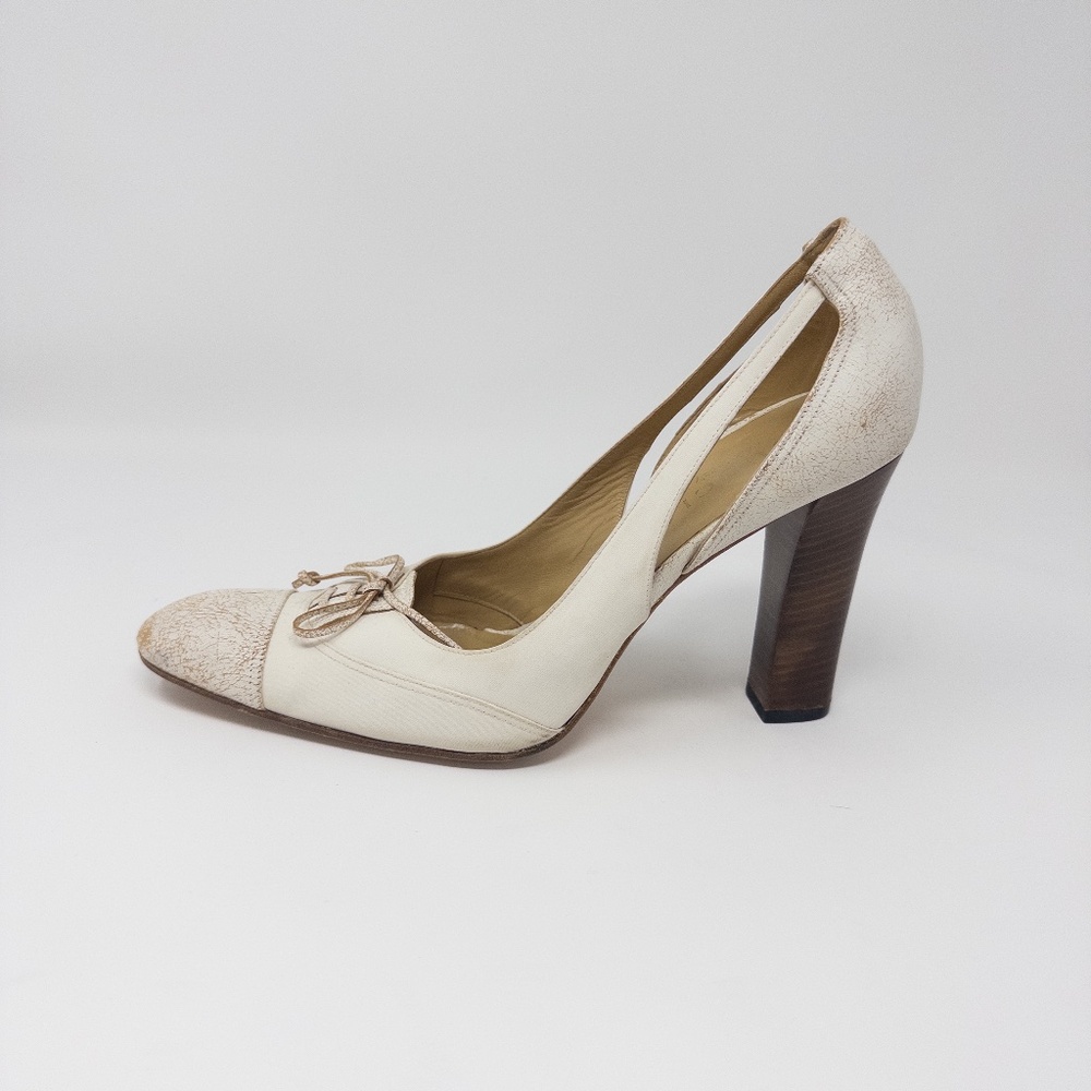 Gucci Vintage Leather Canvas Pump Heels Off White Size 9.5 B